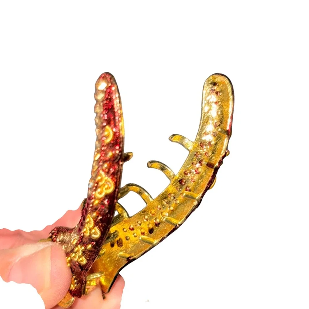 Vintage Ornate Rhinestone Banana Hair Clip Gold Burgundy Enamel Filigree Crystal